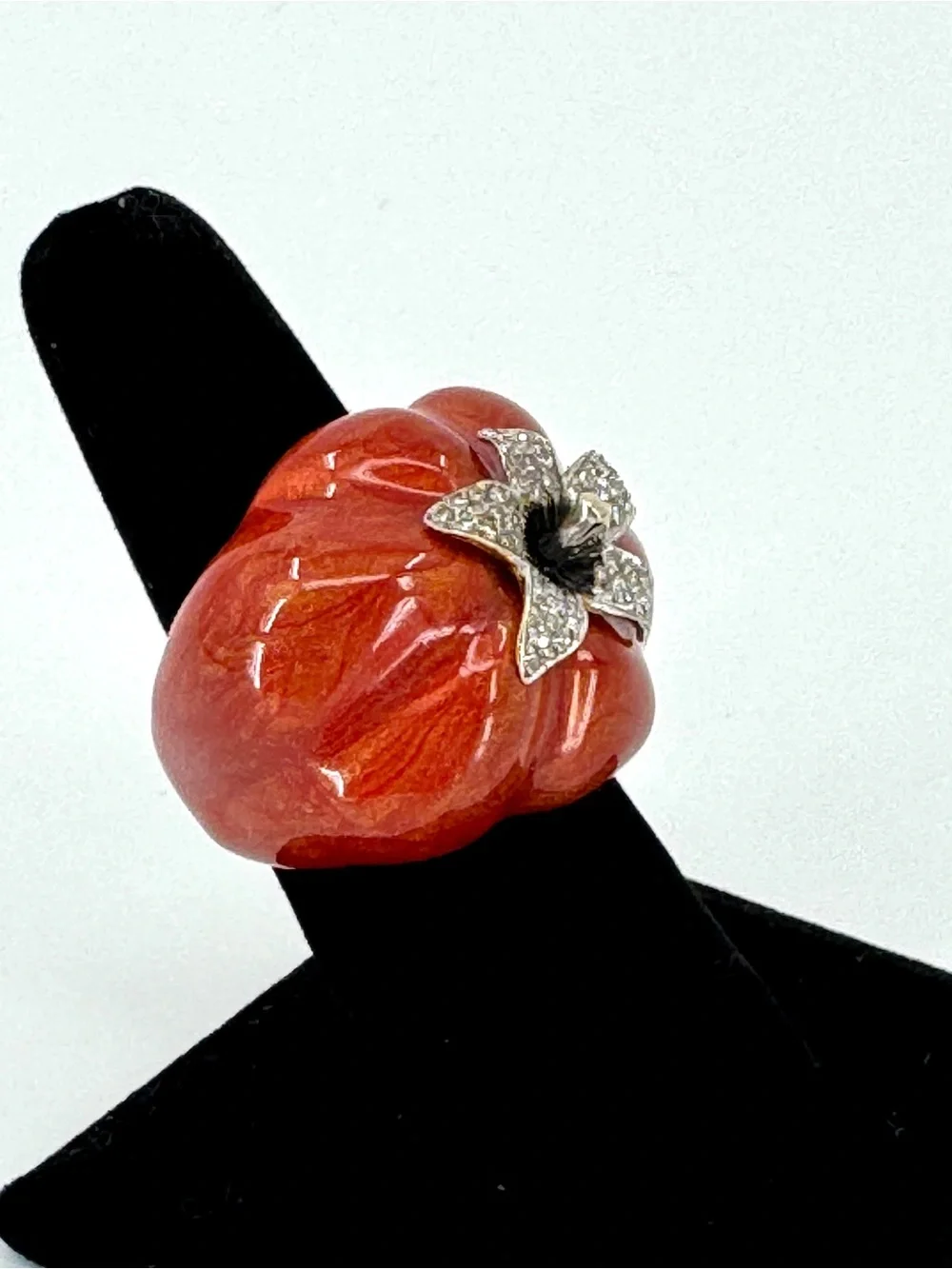 Vintage Floral 18k Gold Enamel Statement Ring with Pave Diamonds